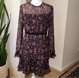 Lulus Dress Floral Black Long Sleeve Mini Sheer Pleated Ruffle A Line Sz M